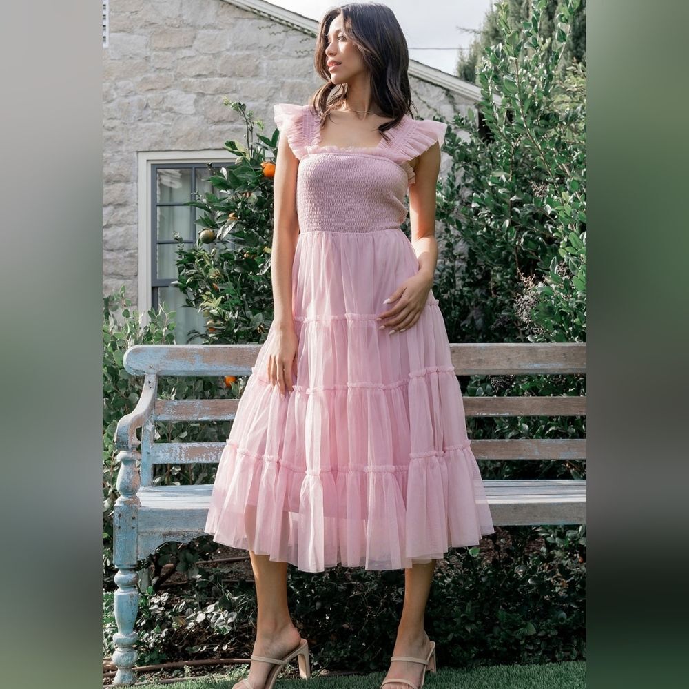 Baltic Born Pink Tiered Midi Dress with Ruffled Straps